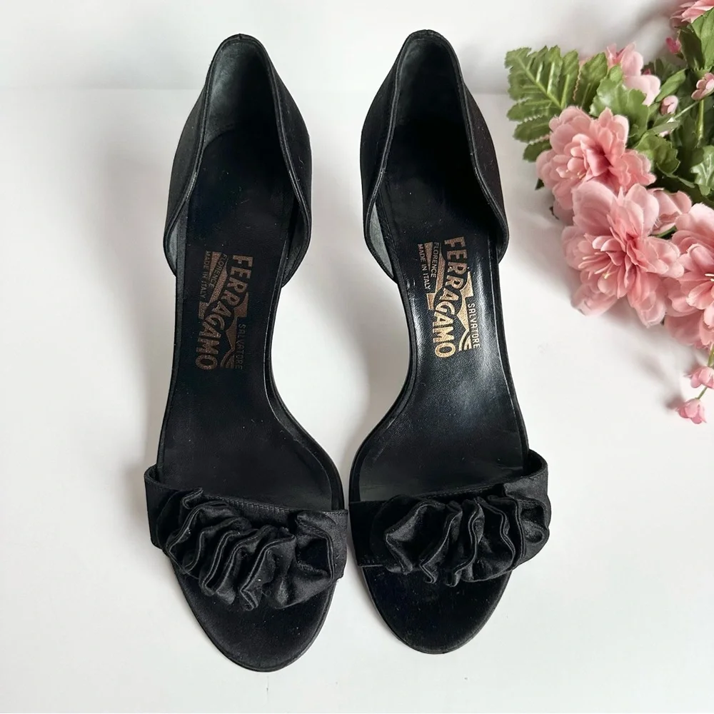 SALVATORE FERRAGAMO Black Satin D'Orsay Ruffle Open Toe High Heel Pumps